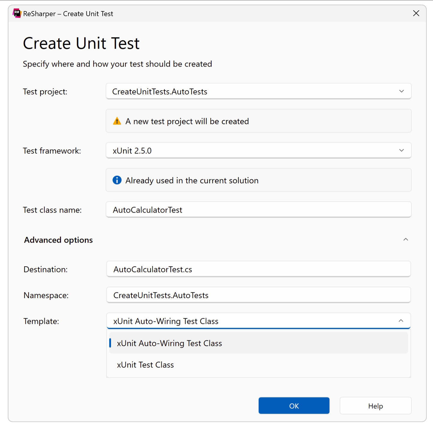 Advanced Settings for Unit Test Creation