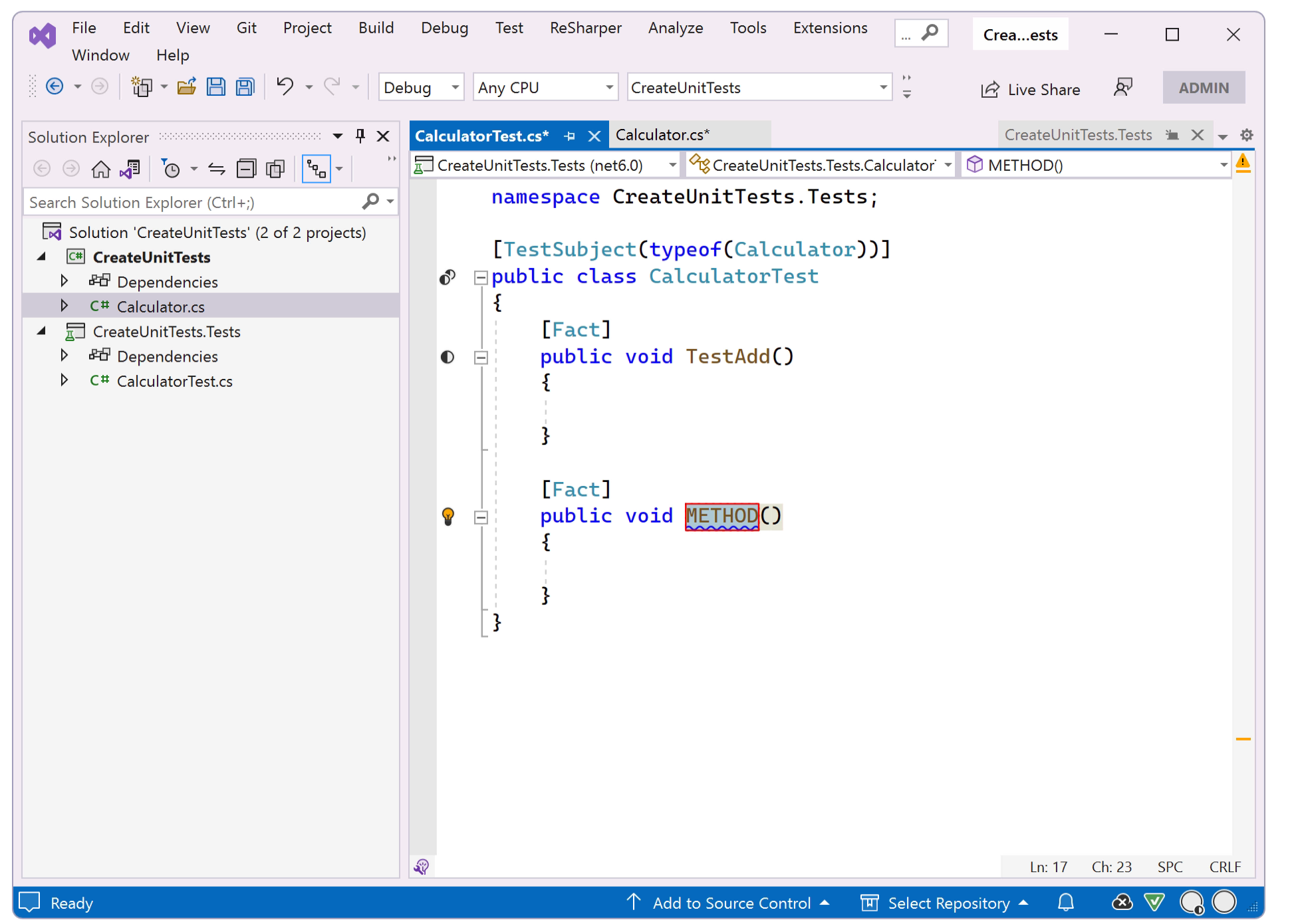 Creating another Unit Test Method