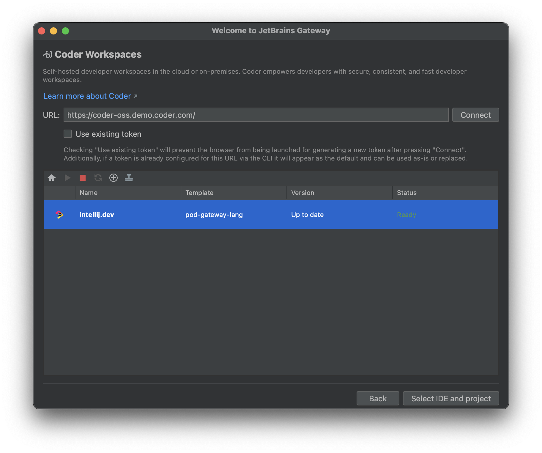 JetBrains Gateway using the Coder integration to list a remote development environment