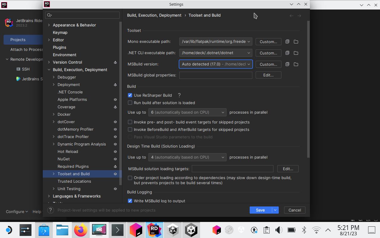 Tools and Build settings in JetBrains Rider on Steam Deck