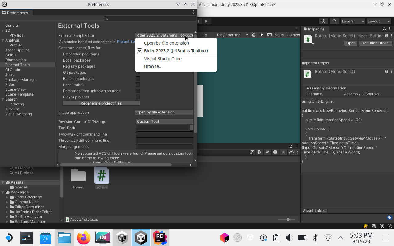 External Tools preferences in Unity Game Editor choosing JetBrains Rider