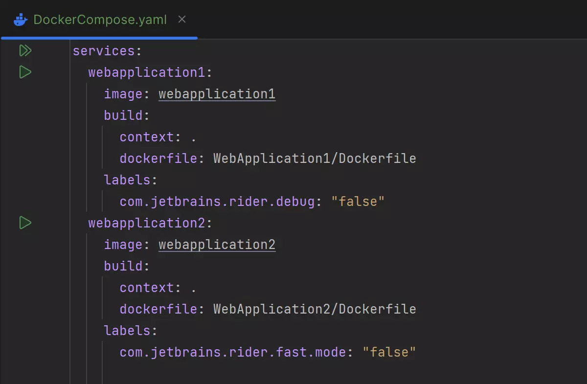 A docker compose file with labels disabling fast mode.