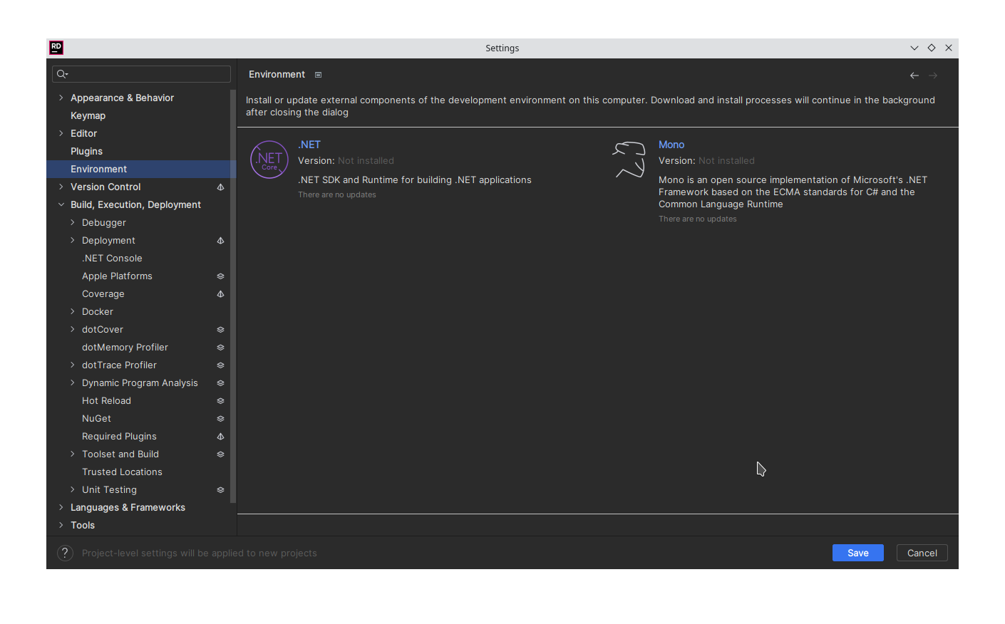 JetBrains Rider settings showing Environment window