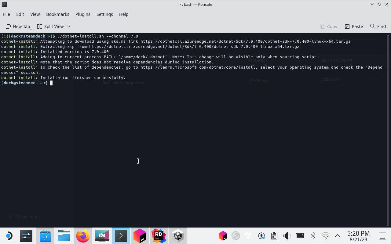 Konsole on Steam Deck installing .NET SDK