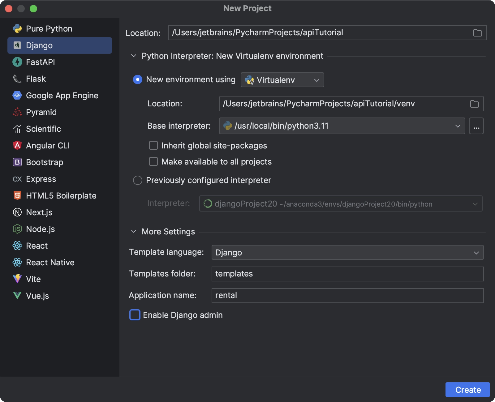 Creating a Django project in PyCharm