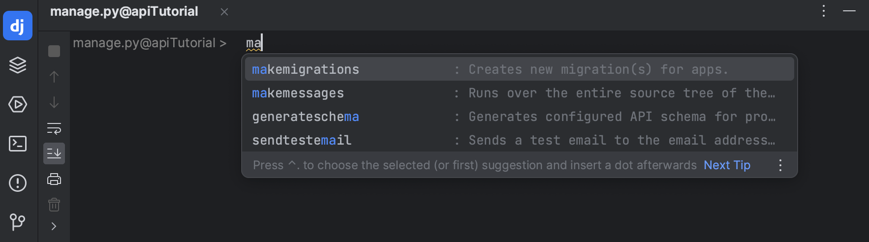 Running migrations in the manage.py console