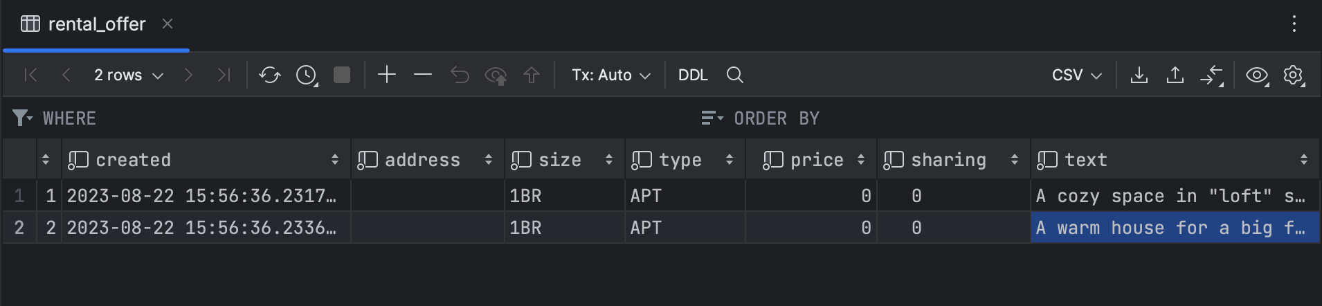 Exploring the database table in the editor