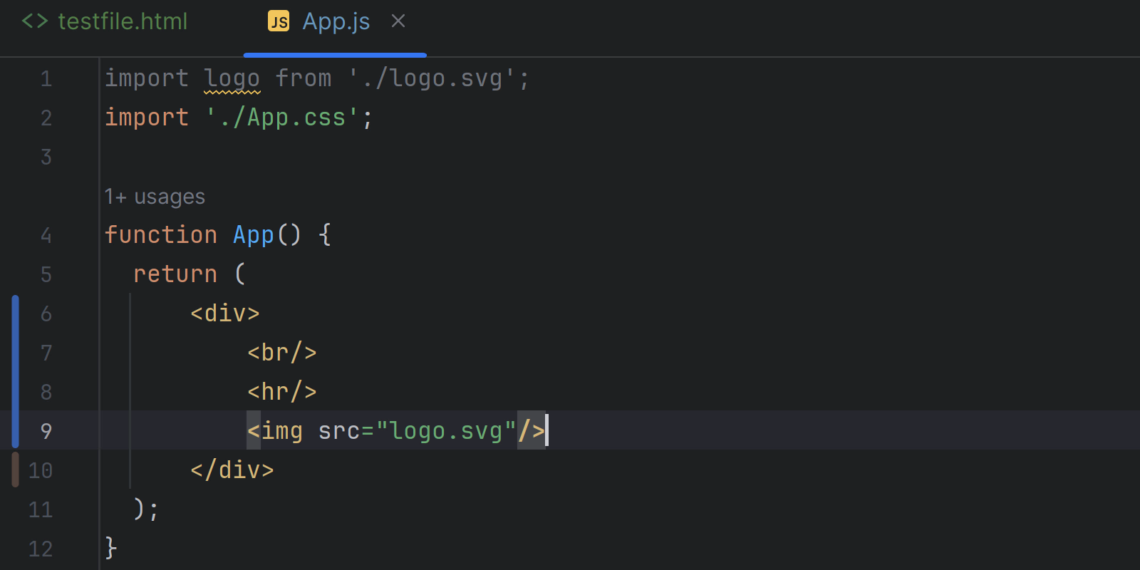 Image demonstrating the single tags being closed when pasting HTML to JSX in WebStorm 2023.3