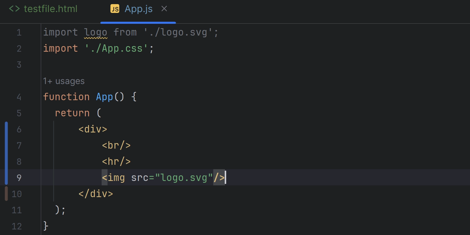 Image demonstrating the single tags being closed when pasting HTML to JSX in WebStorm 2023.3