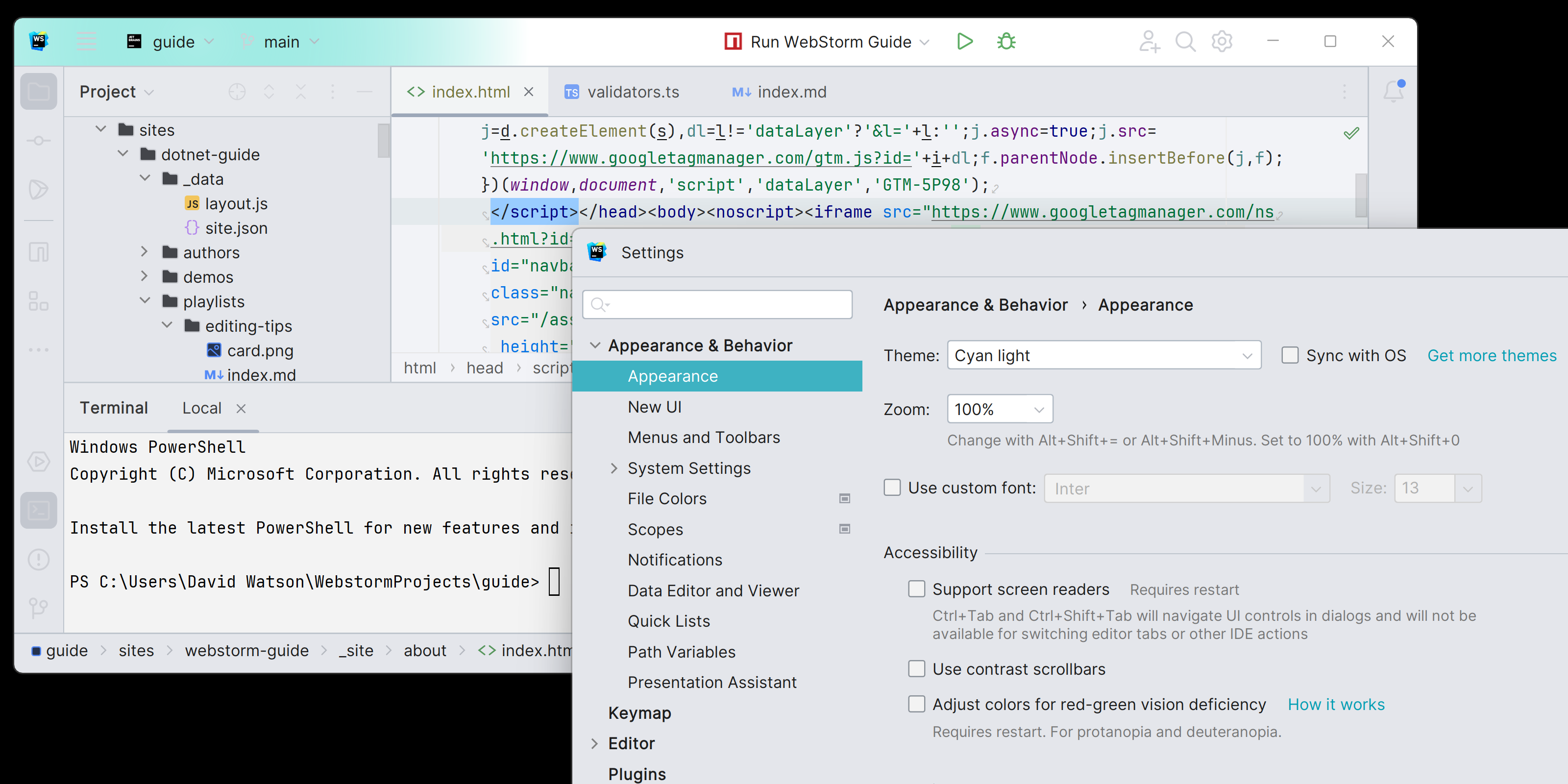 Example of the Cyan theme in WebStorm