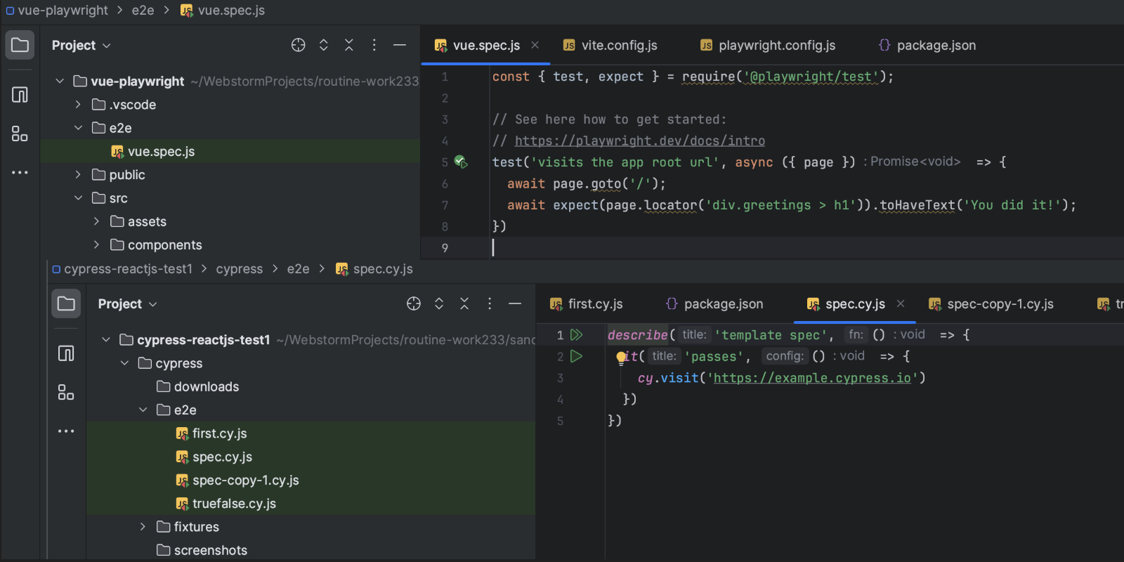 Image showing a cypress and a playwright tests with run icons in WebStorm 2023.3