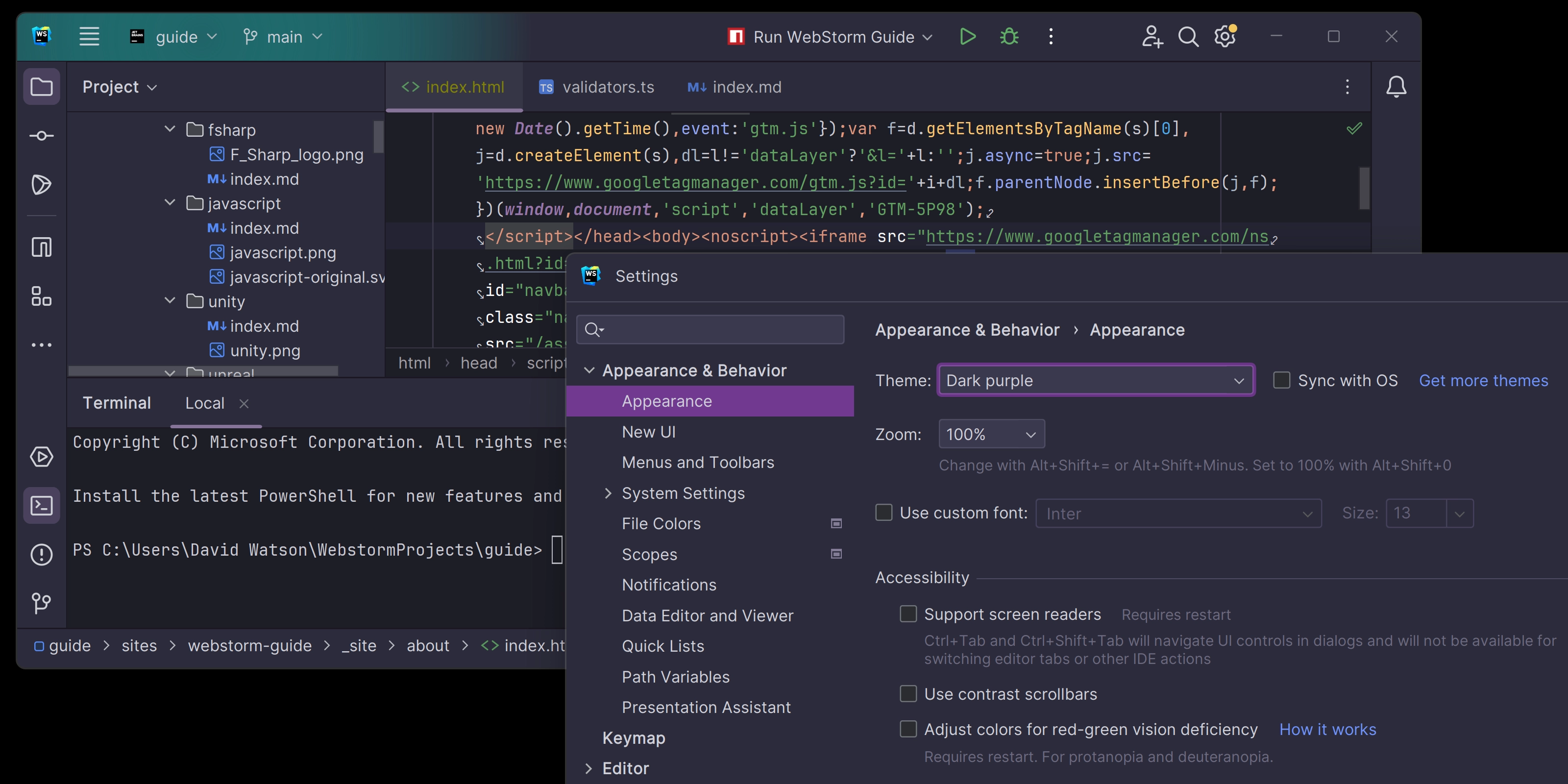 Example of the Sark Purple theme in WebStorm