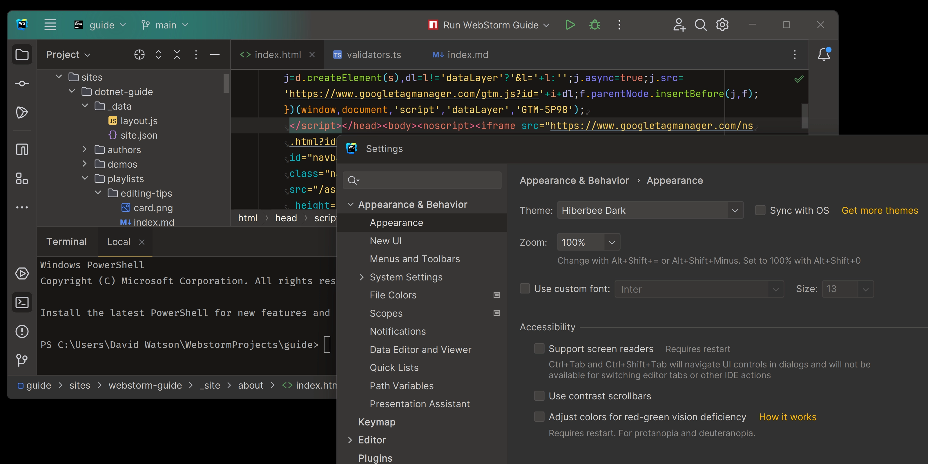 Example of the Hiberbee theme in WebStorm