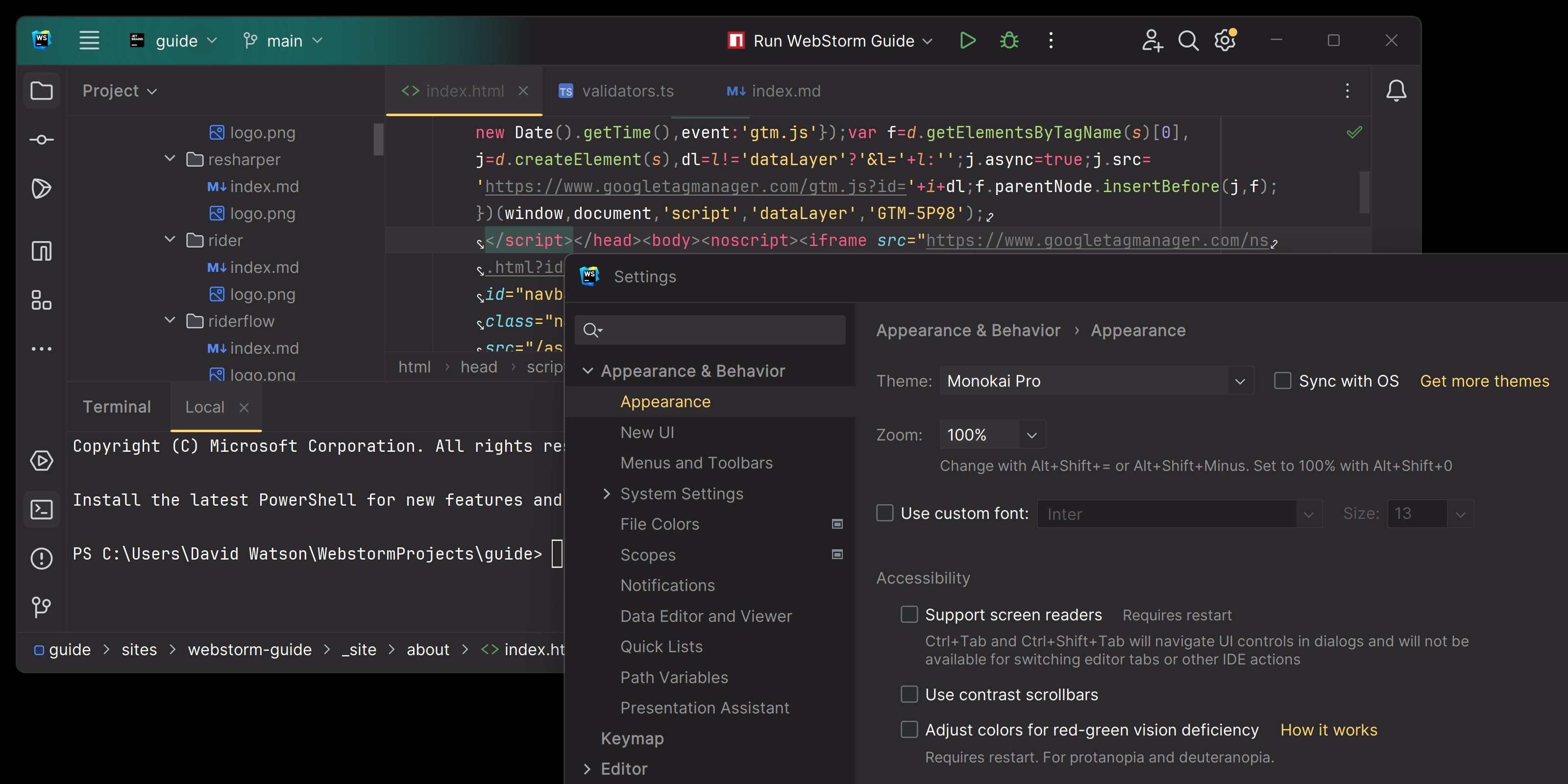 Example of the Monokai Pro theme in WebStorm