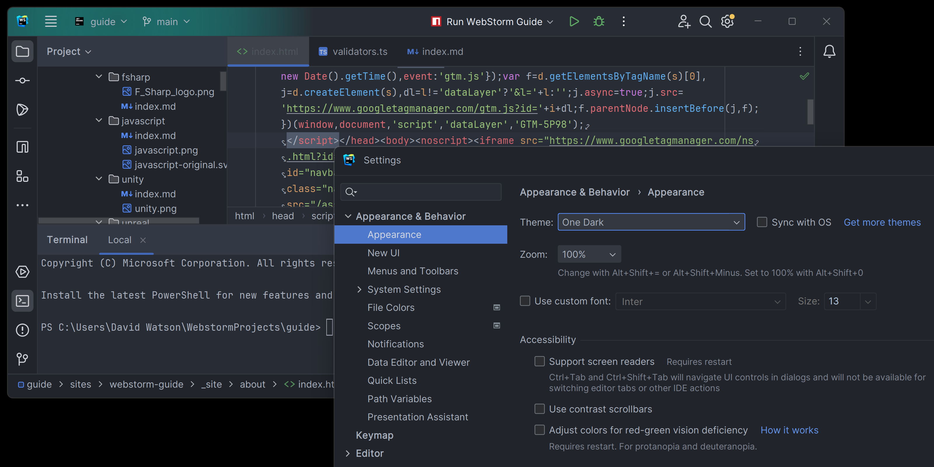 Example of the One Dark theme in WebStorm