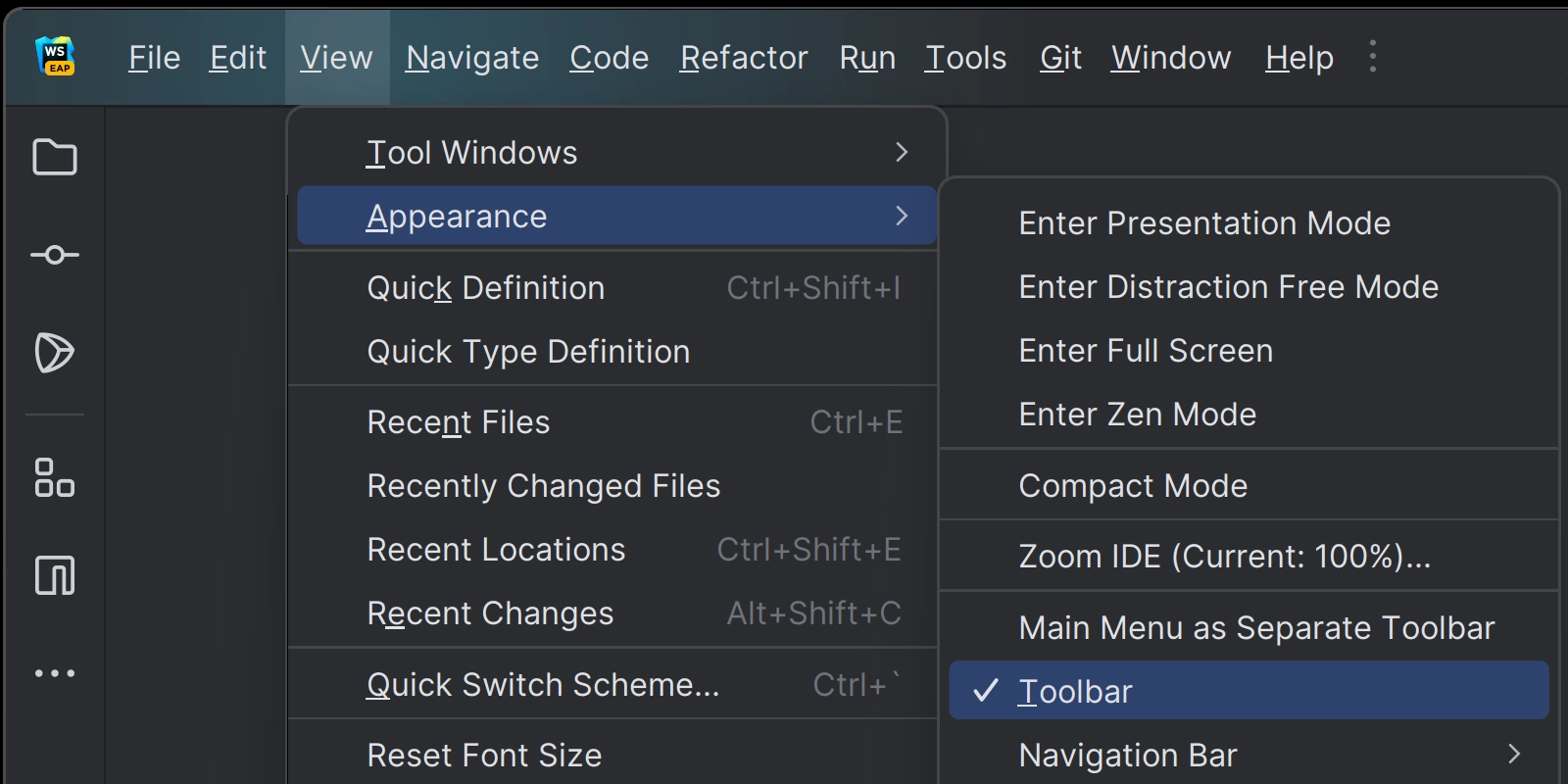 Showing the process of going through View | Appearance and selecting Toolbar which then makes the toolbar disappear from the top of the IDE.