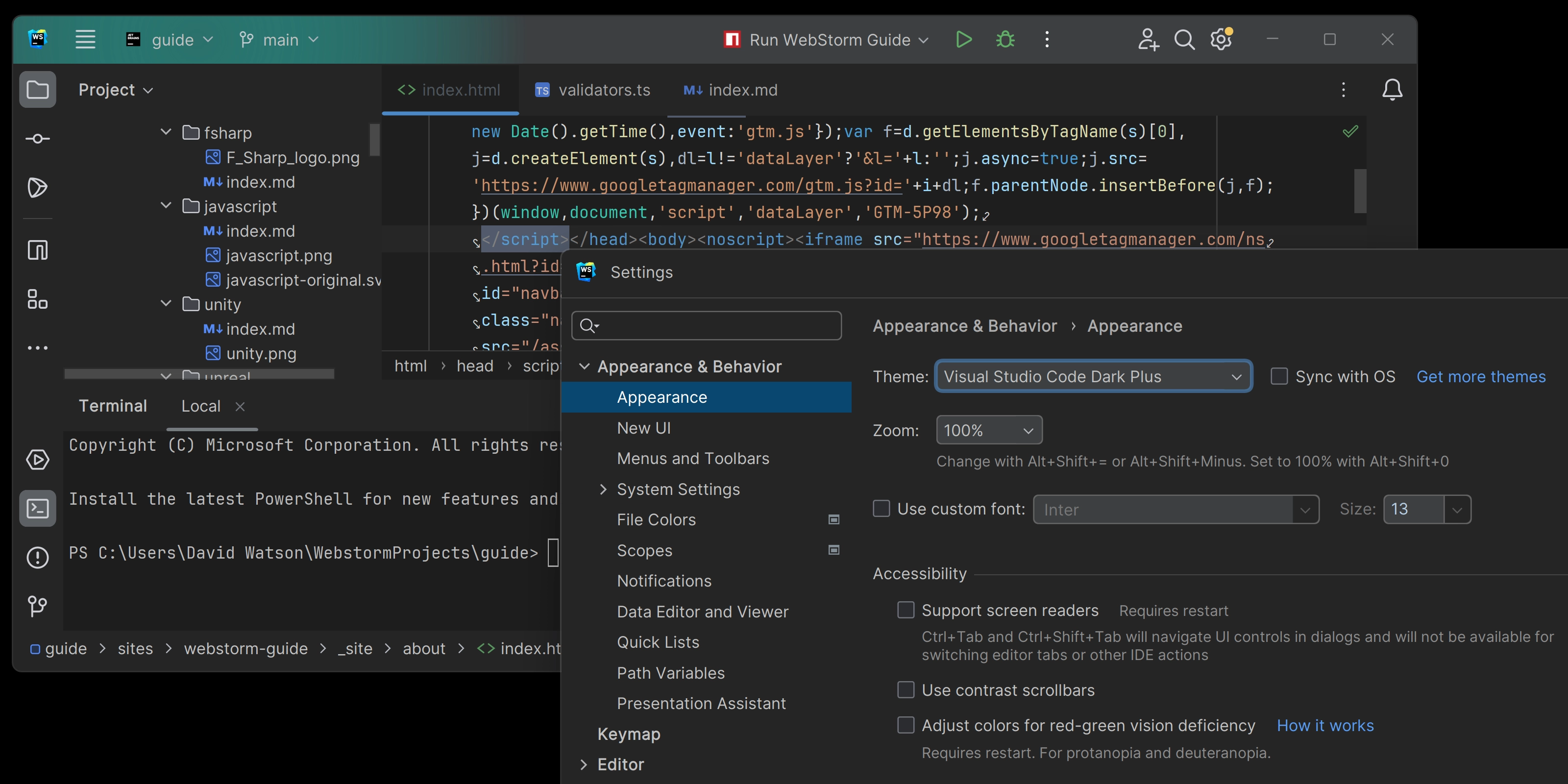 Example of the Visual Studio Dark Pro Plus theme in WebStorm