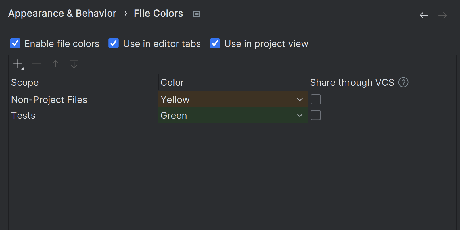 Under Appearance & behavior | File Colors it showing the dialog where teh Scope Non-Project Files is selected as Yellow and Tests the color chosen is Green.