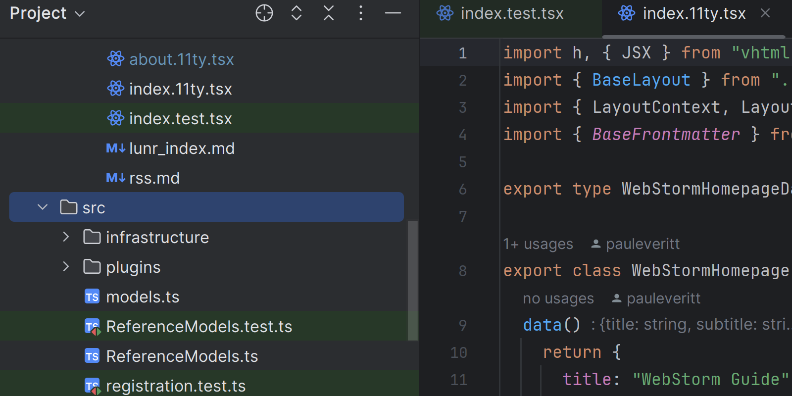 Image showing the color coded editor tabs that depend on the type of file in WebStorm 2023.3