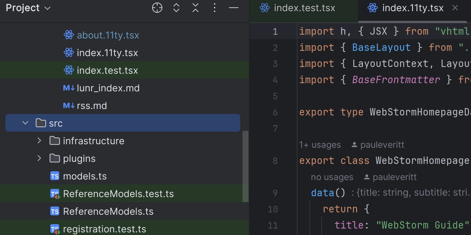 Images shows the Project window where test files are highlighted in green adn then the test tabs are also highlighted in the same green.