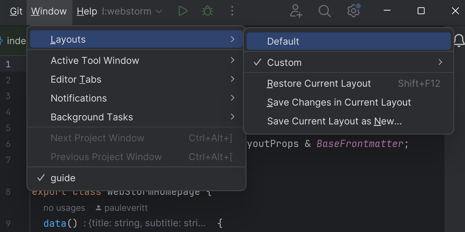 Image showing the new options to revert to Default layout in WebStorm 2023.3