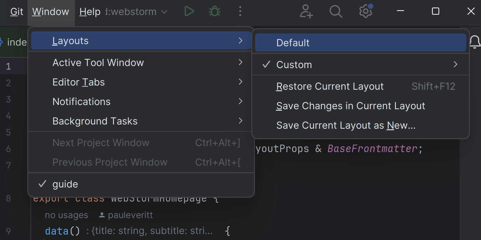 Image showing the new options to revert to Default layout in WebStorm 2023.3