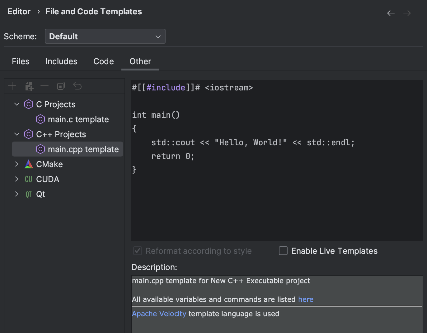 main.cpp and main.c templates