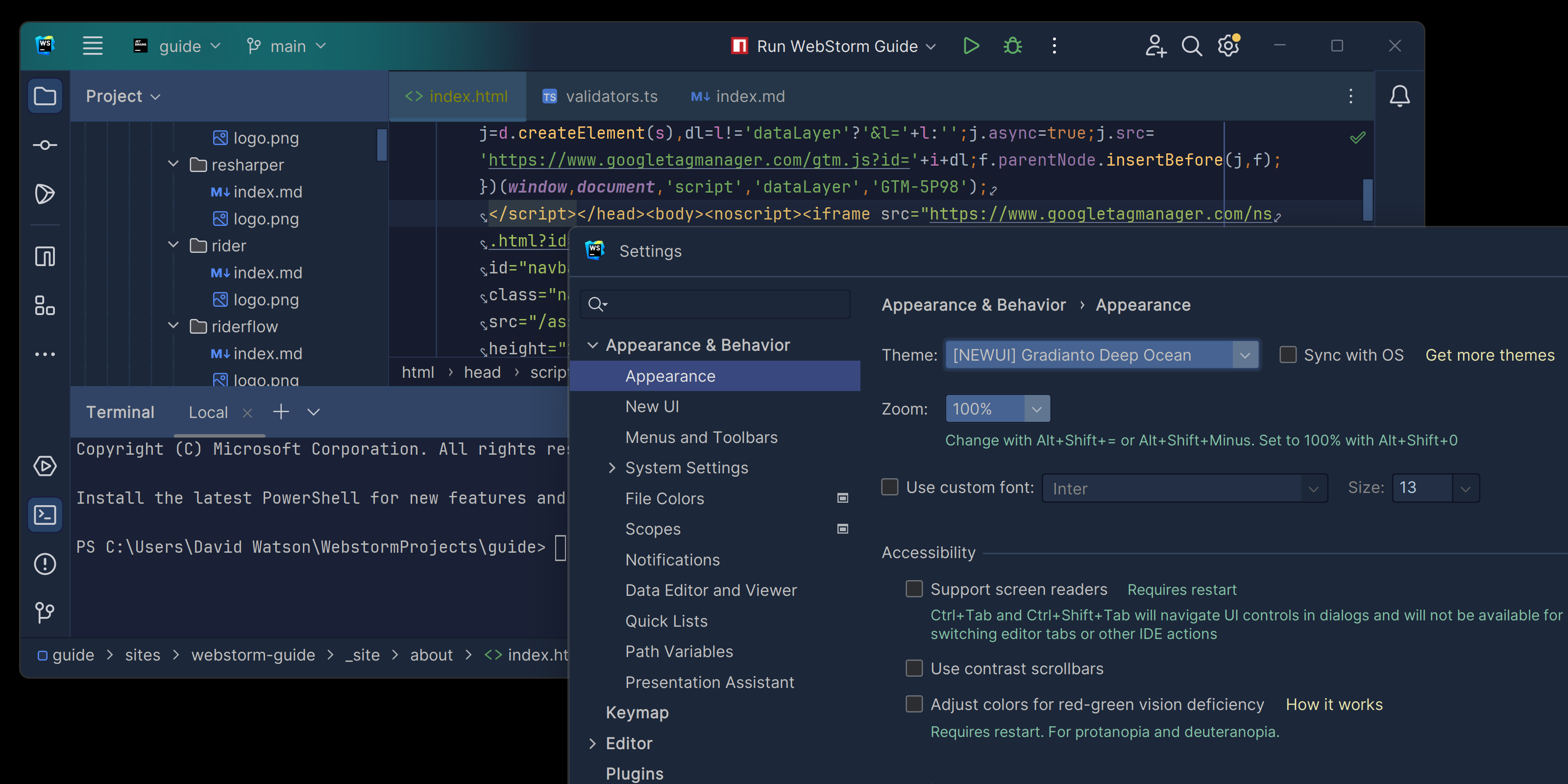 Example of the Gradianto theme in WebStorm