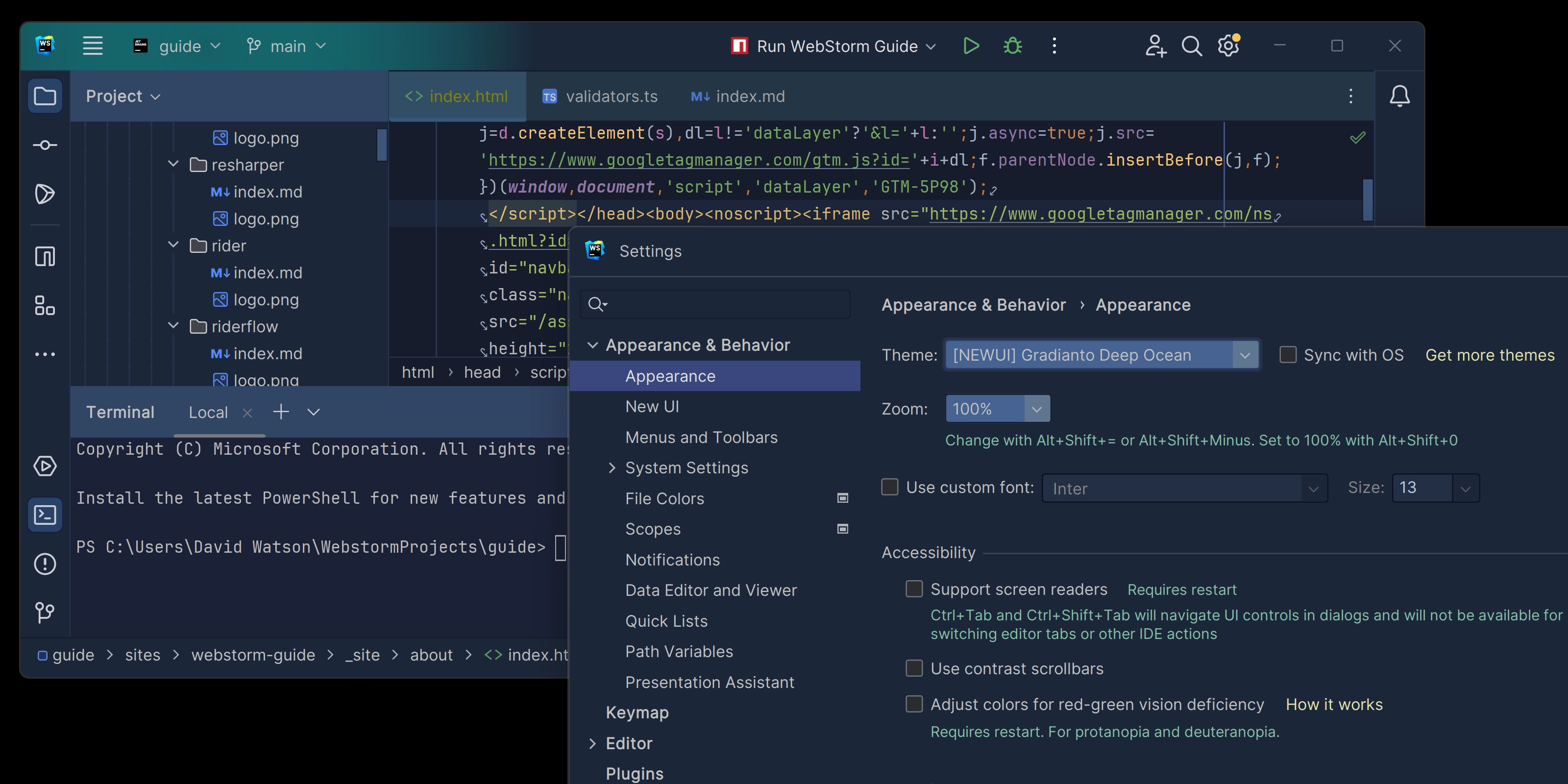 Example of the Gradianto theme in WebStorm