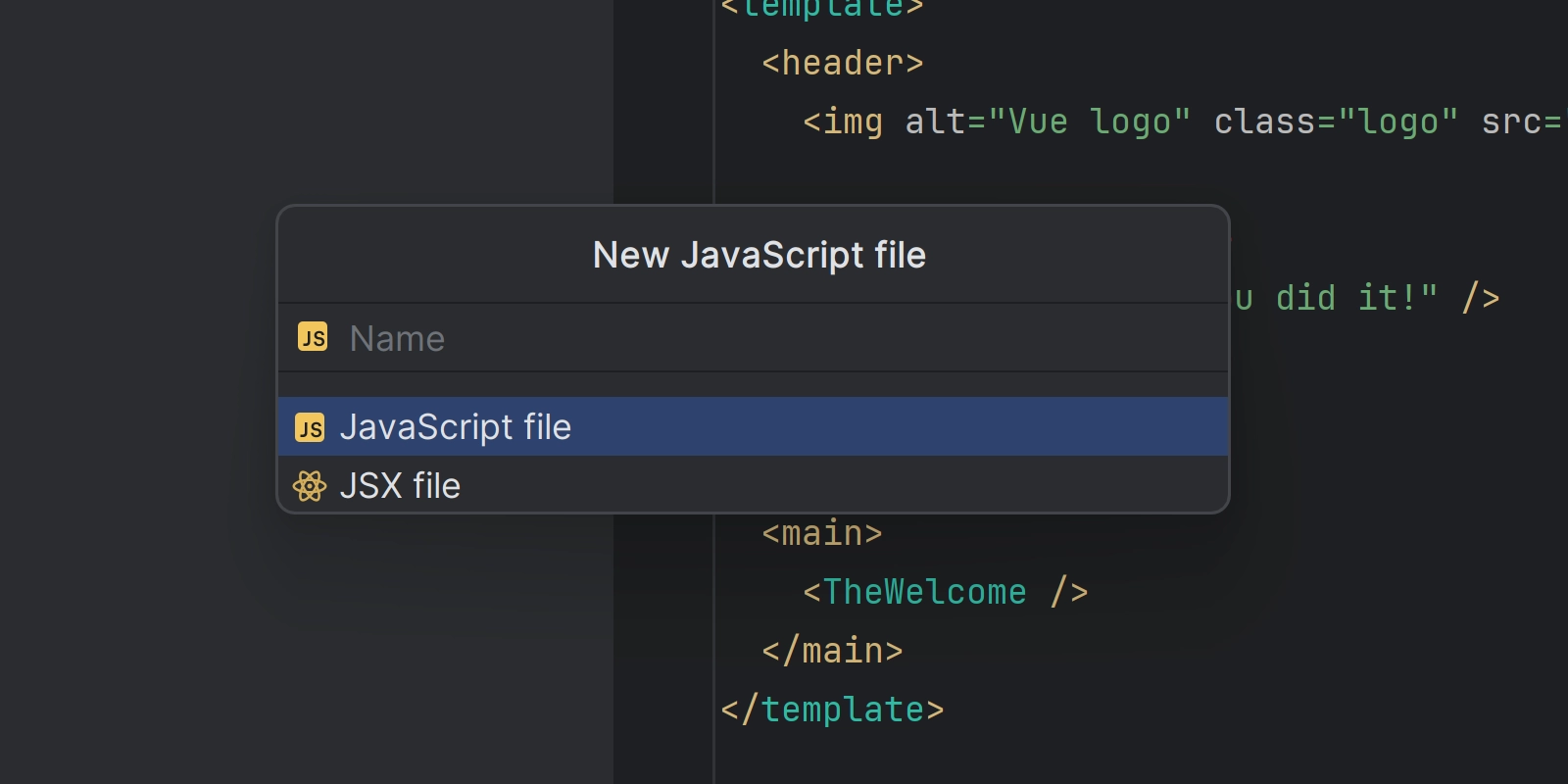 Shows the dialog under New JavaScript file with the options JavaScript file and JSX file