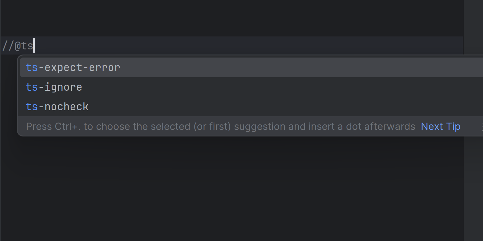 Image showing code completion suggestions for @ts-ignore in WebStorm 2023.3