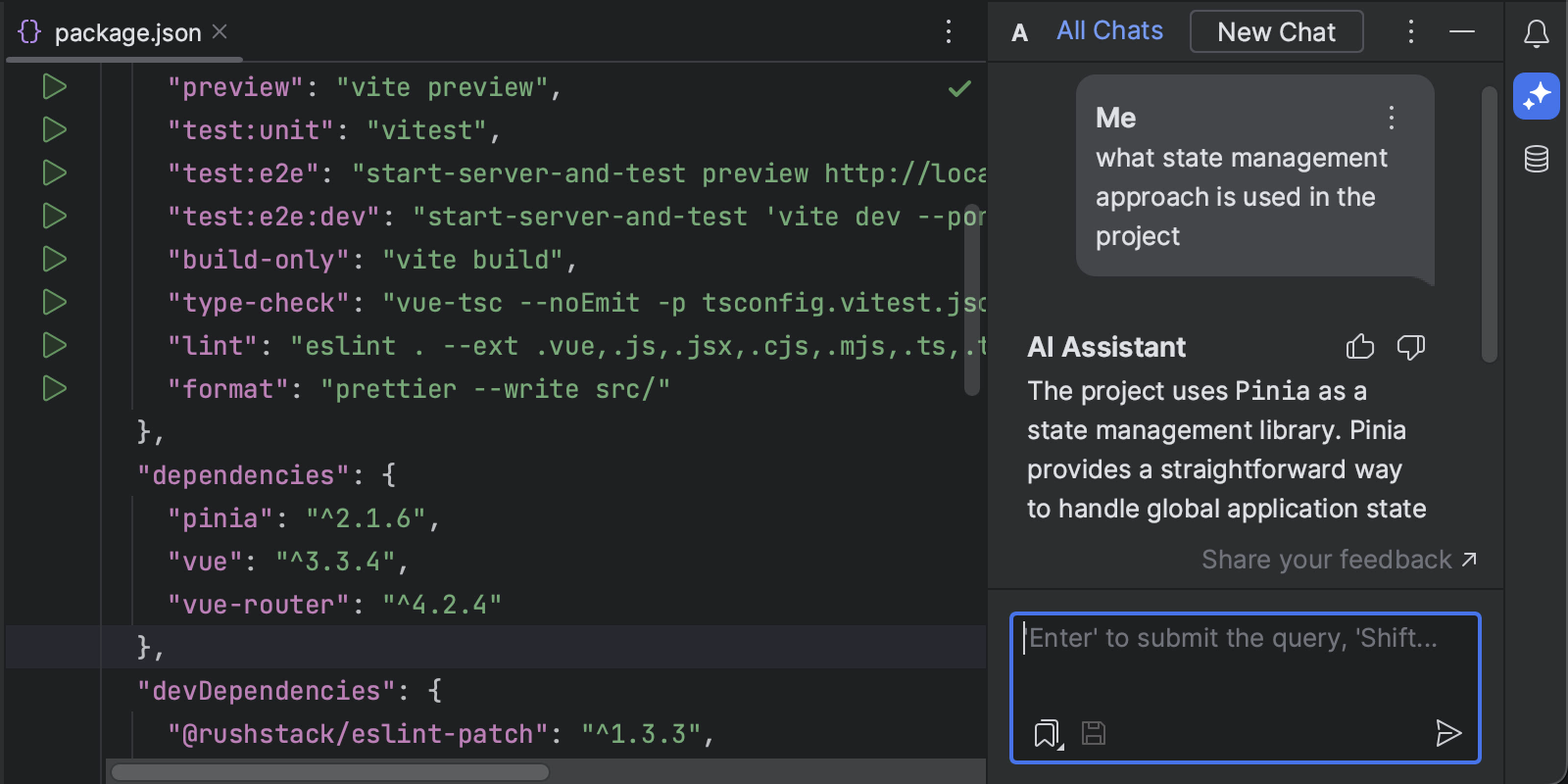 Image asking the chat a question and getting a context aware answer in WebStorm 2023.3