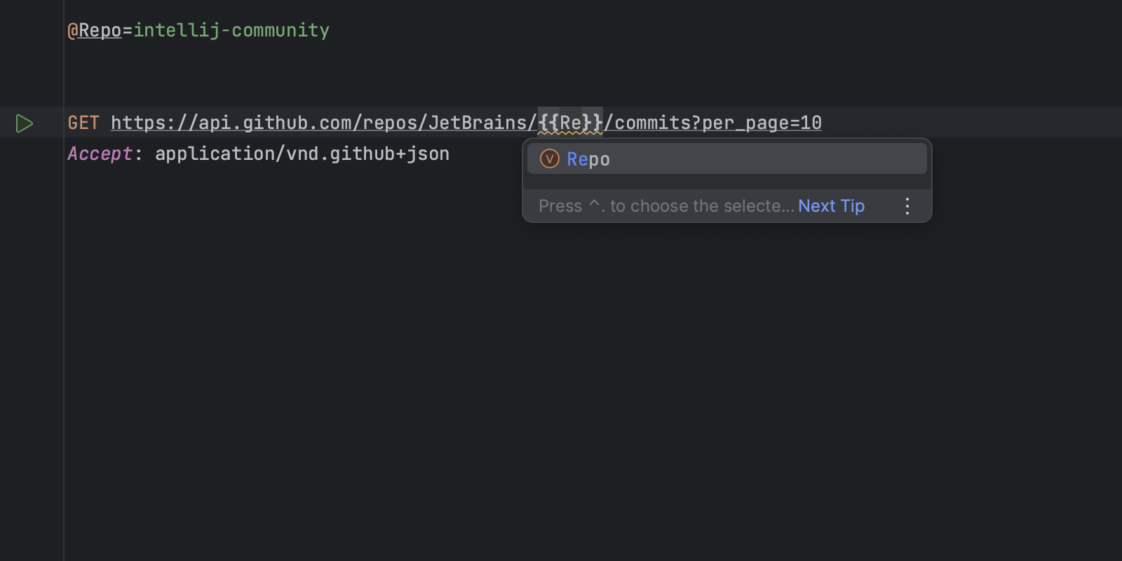 Image showing the support for in-place variables in the HTTP Client in WebStorm 2023.3