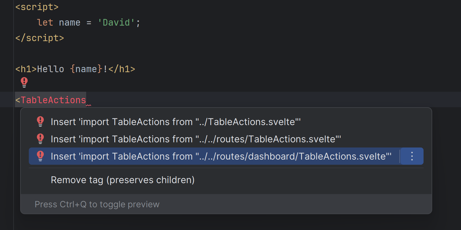 Image showing the improved auto-import mecahnism for components in Svelte projects in WebStorm 2023.3