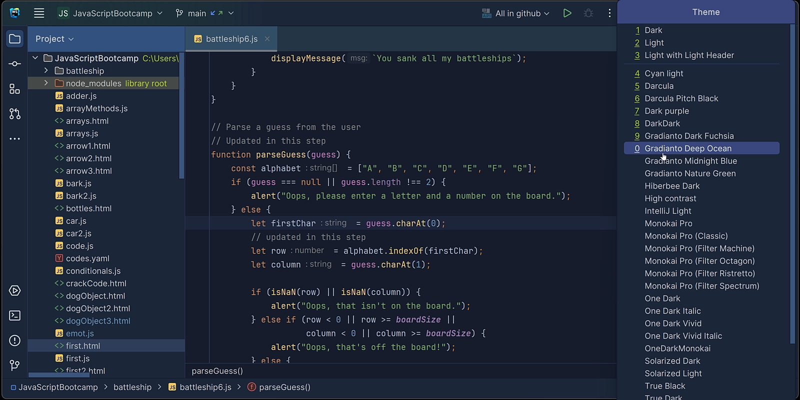 Theme plugins gif showing going through the list of themes and how they look in the IDE.