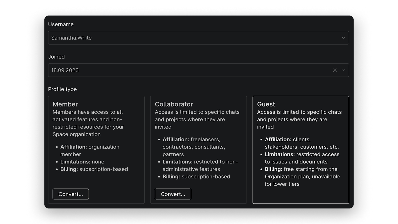 Change user profile types in JetBrains Space