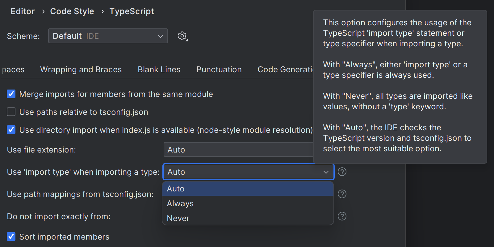 Showing the new settings option use import type when using a type