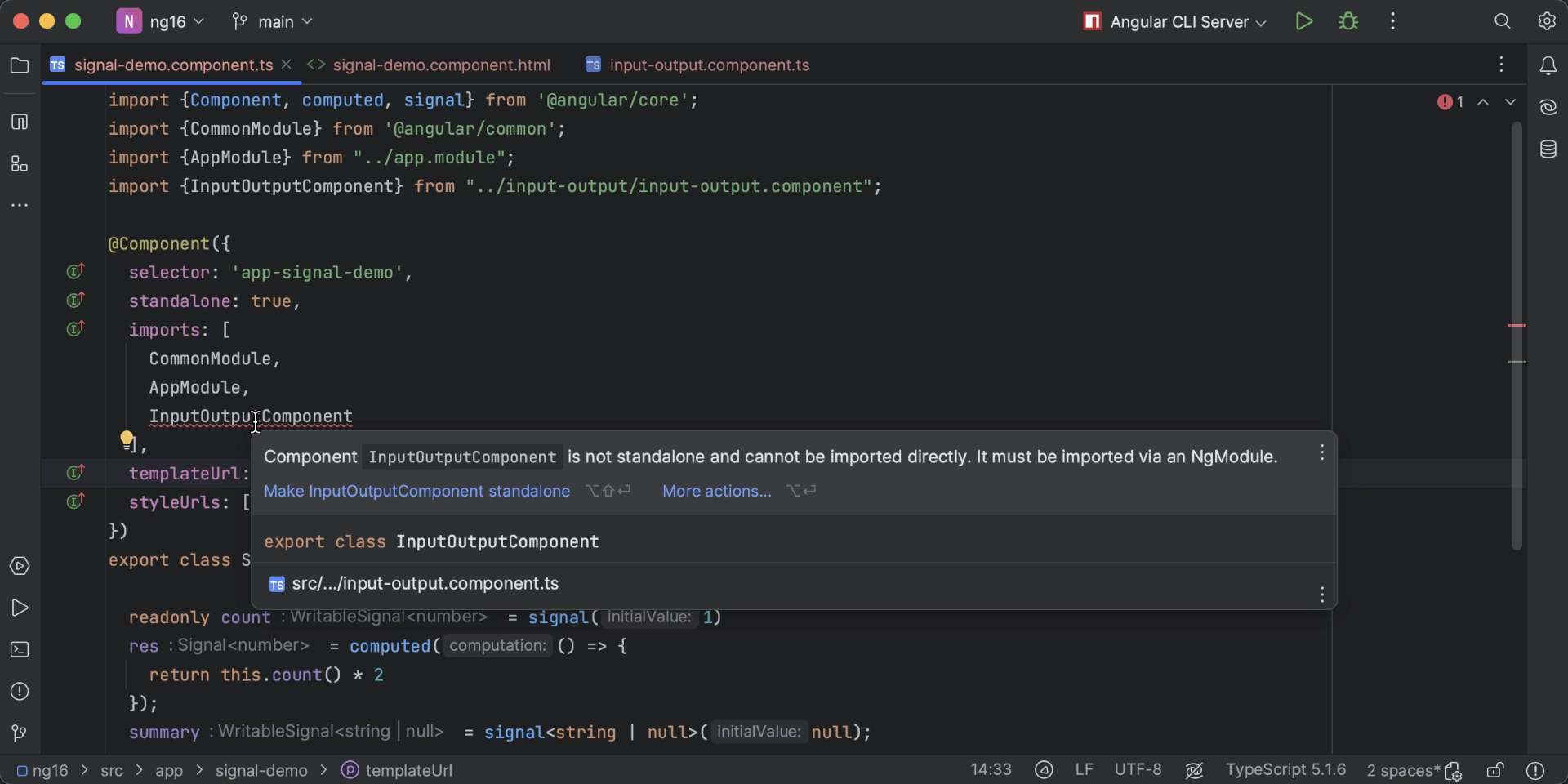 Gif showing the Angular standalone components support in WebStorm 2023.3 EAP 