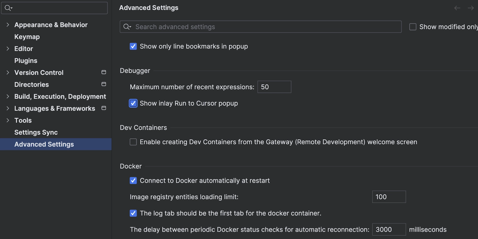 Image showing the Show inlay Run to Cursor popup option in the settings in WebStorm 2023.3