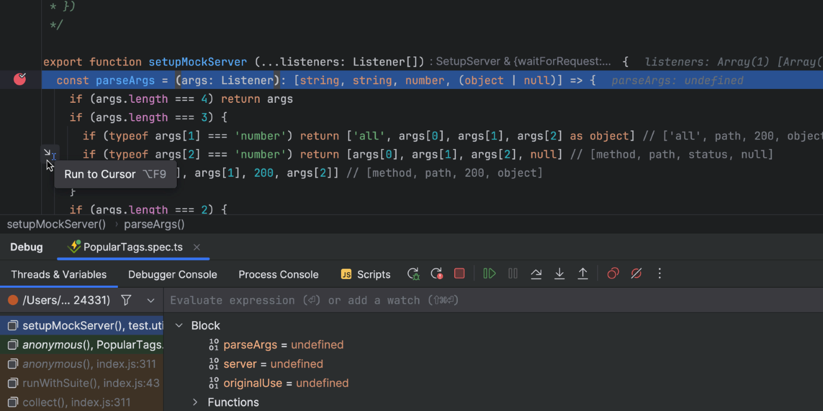 image showing the Run to Cursor inlay debug option in WebStorm 2023.3