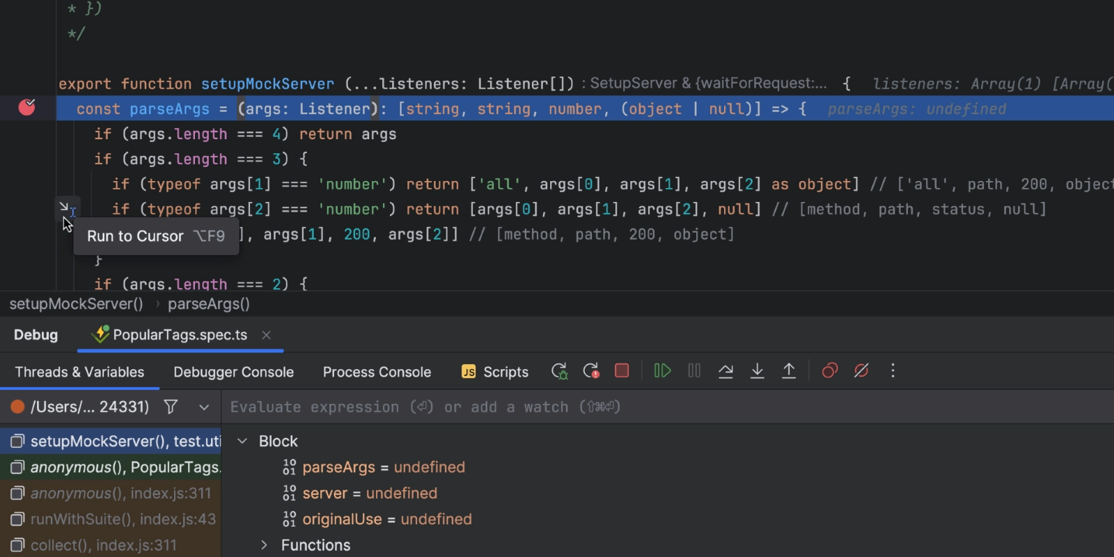 Run to cursor debugging option in WebStorm 2023.3 EAP