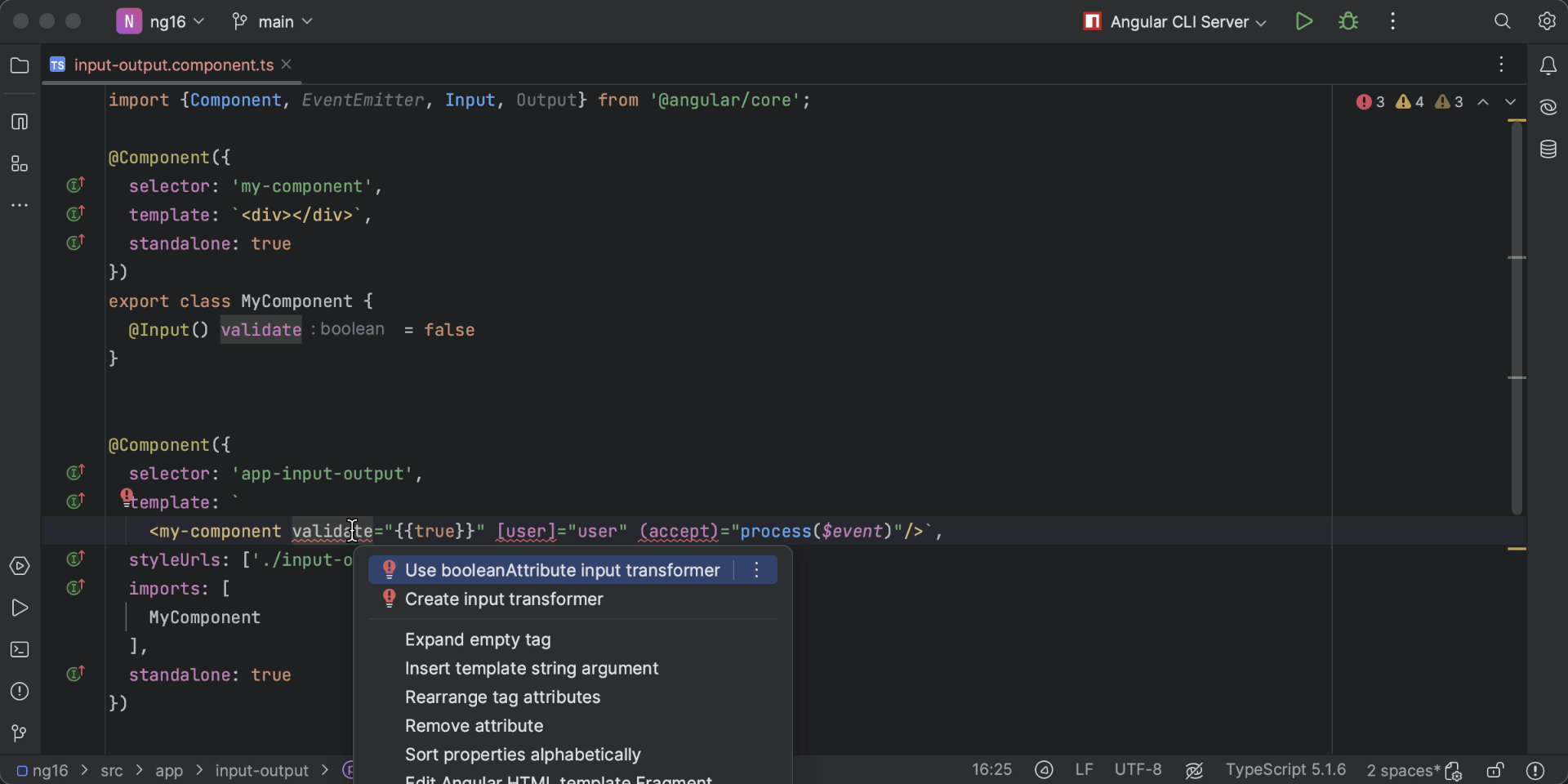 Gif showing the Angular quick fixes support in WebStorm 2023.3 EAP