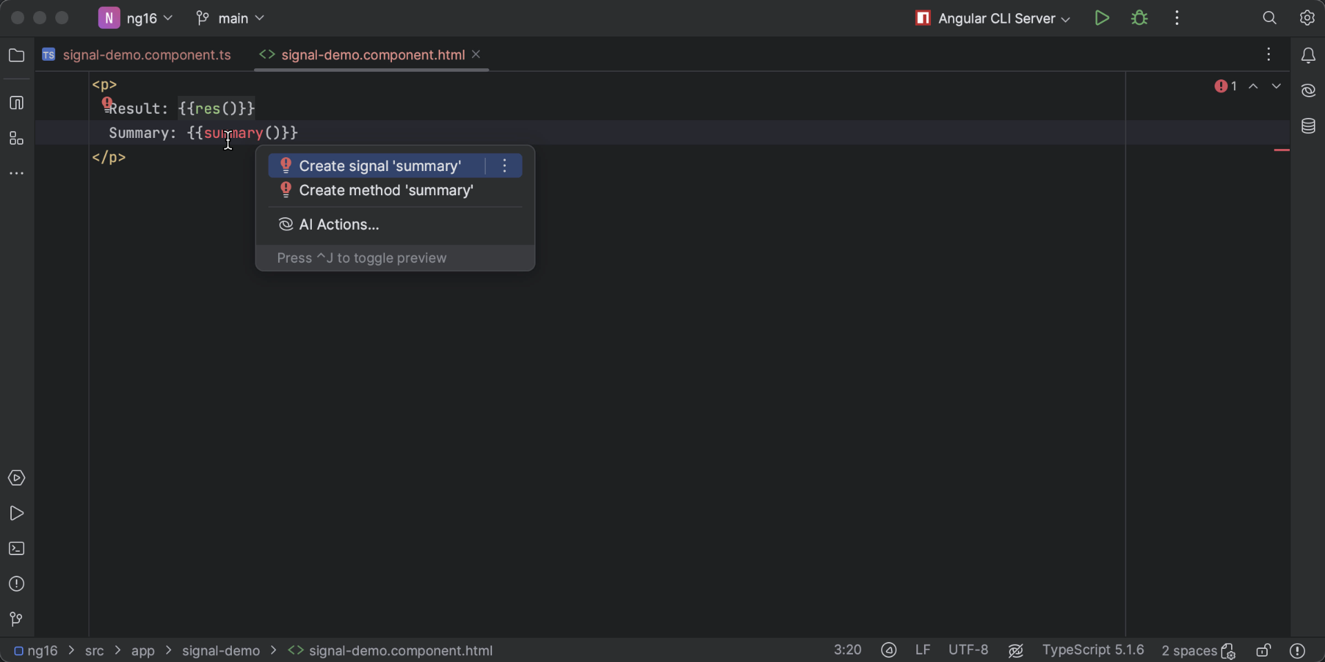 Image demonstrating the support for Angular signals in WebStorm 2023.3