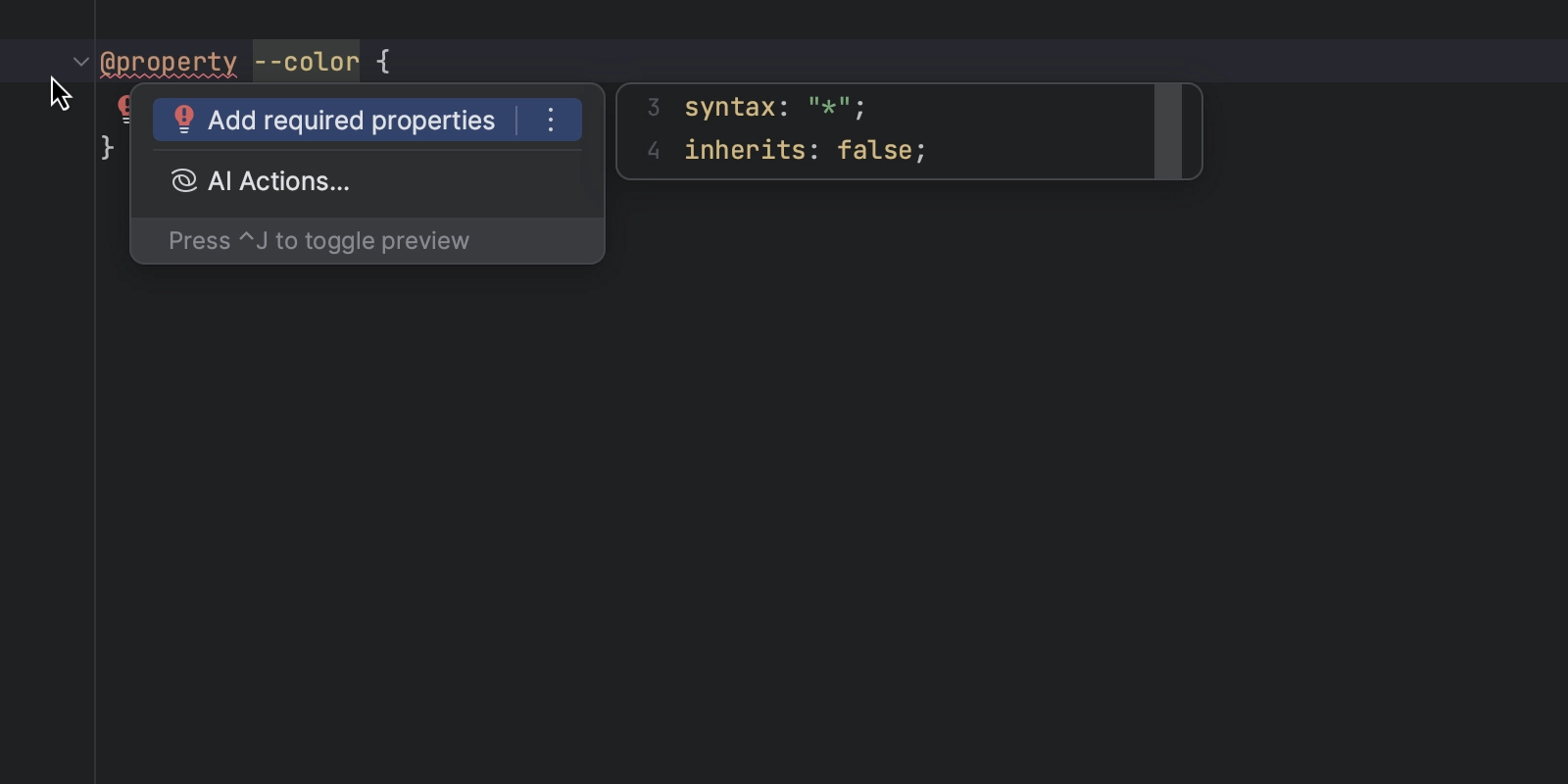 An image showing the new support for CSS @property custom properties in WebStorm 2023.3