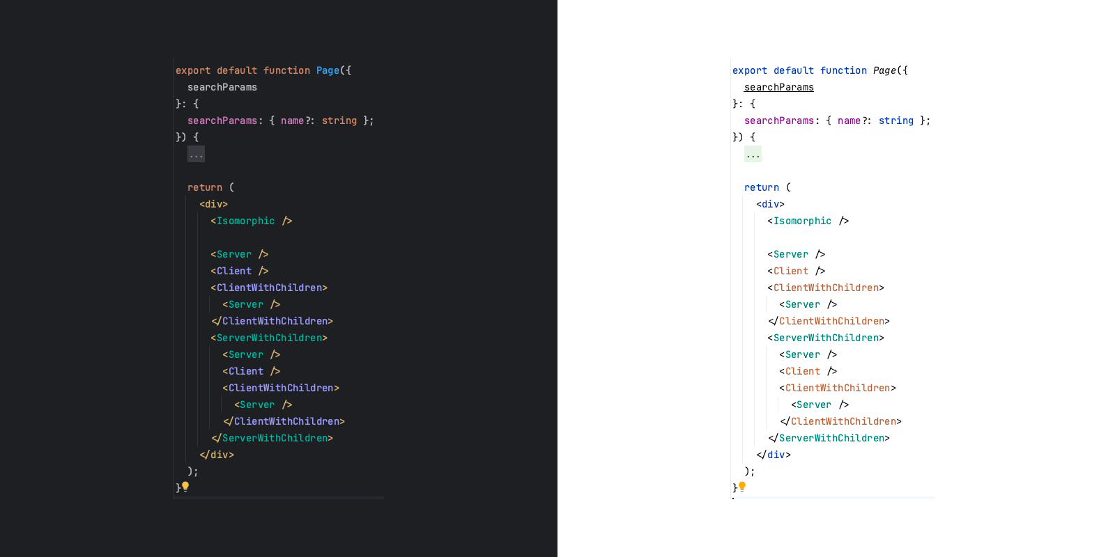 Image showing the different syntax highlighting for client and server components in both dark and light theme