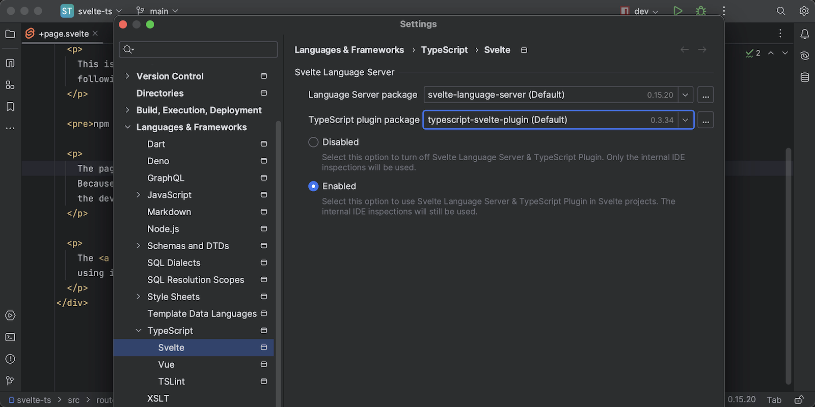 Image showing the updates to the Svelte plugin in WebStorm 2023.3 EAP this shows the settings where a TypeScript plugin package can be selected.
