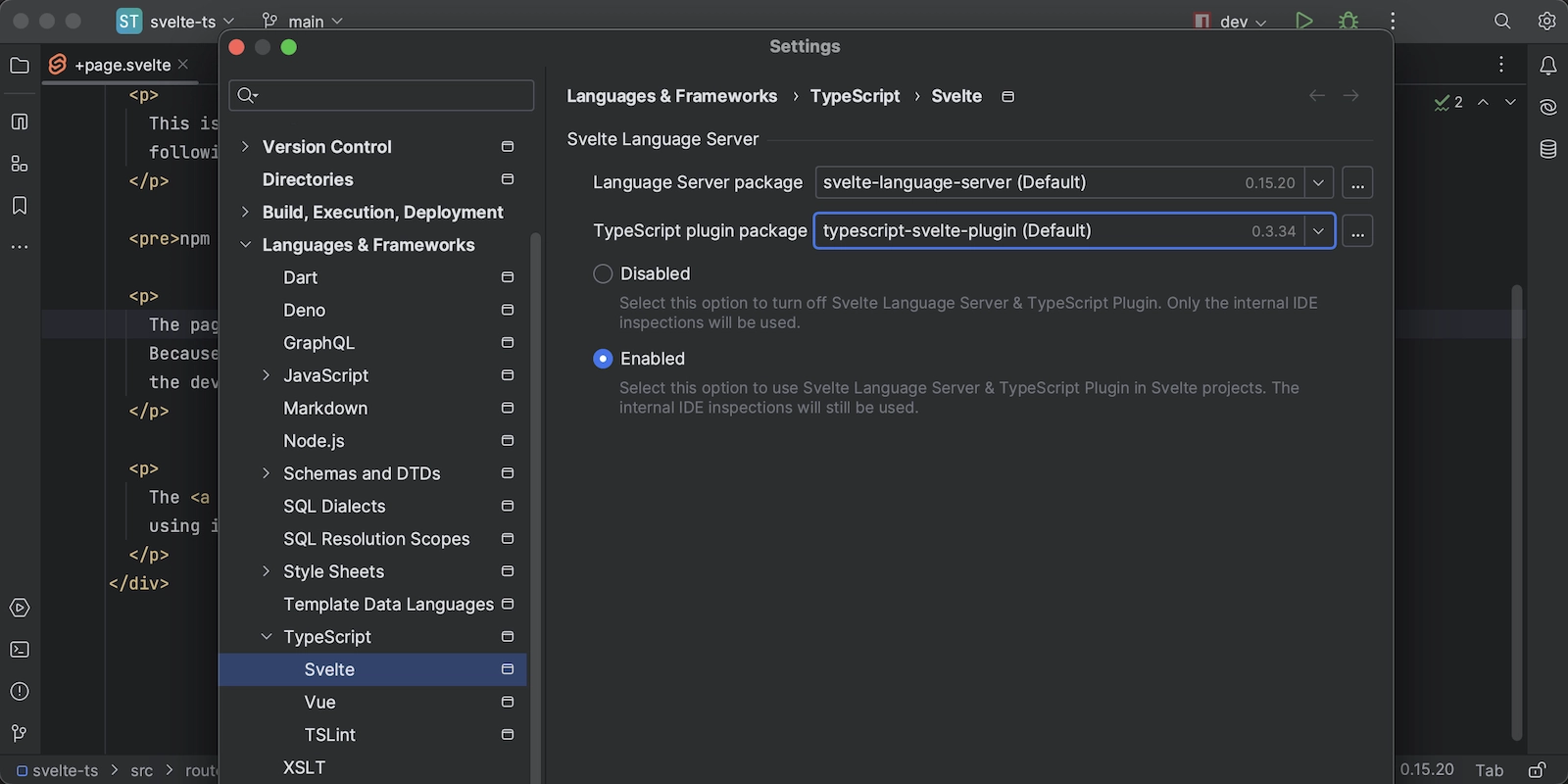 Image showing the updates to the Svelte plugin in WebStorm 2023.3 EAP this shows the settings where a TypeScript plugin package can be selected.