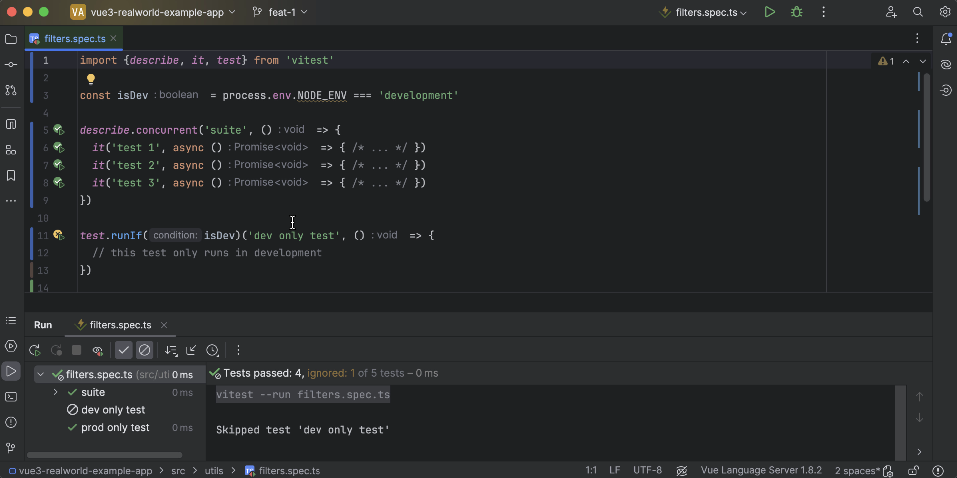 Image showing the support for the advanced Vitest extensions in WebStorm 2023.3 EAP