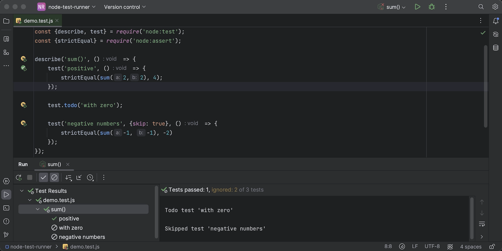 Image showing the support for the built-in Node.js test runner in WebStorm 2023.3 EAP