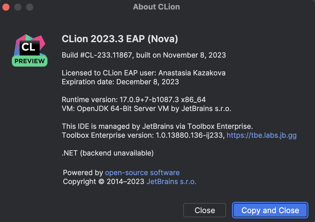 CLion Nova About